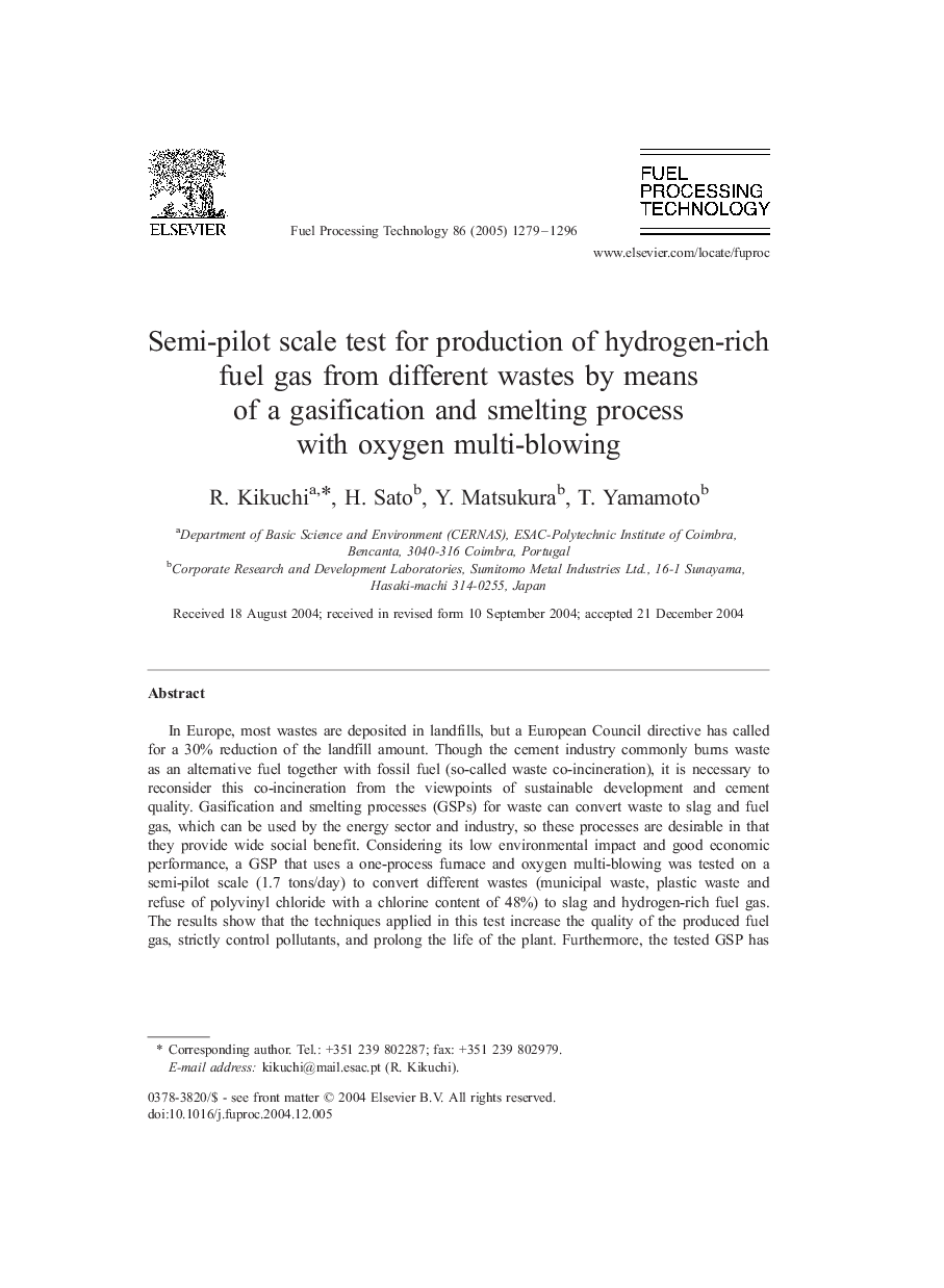 Semi-pilot scale test for production of hydrogen-rich fuel gas from different wastes by means of a gasification and smelting process with oxygen multi-blowing