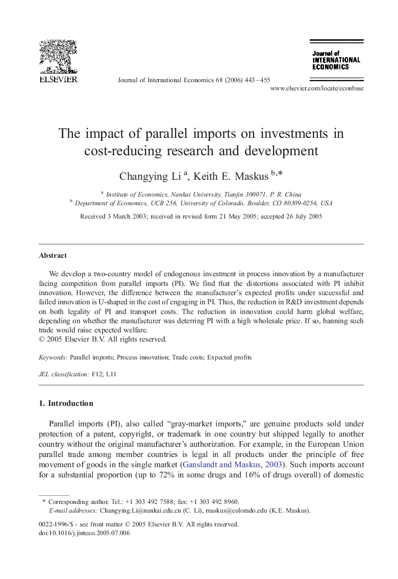 The impact of parallel imports on investments in cost-reducing research and development