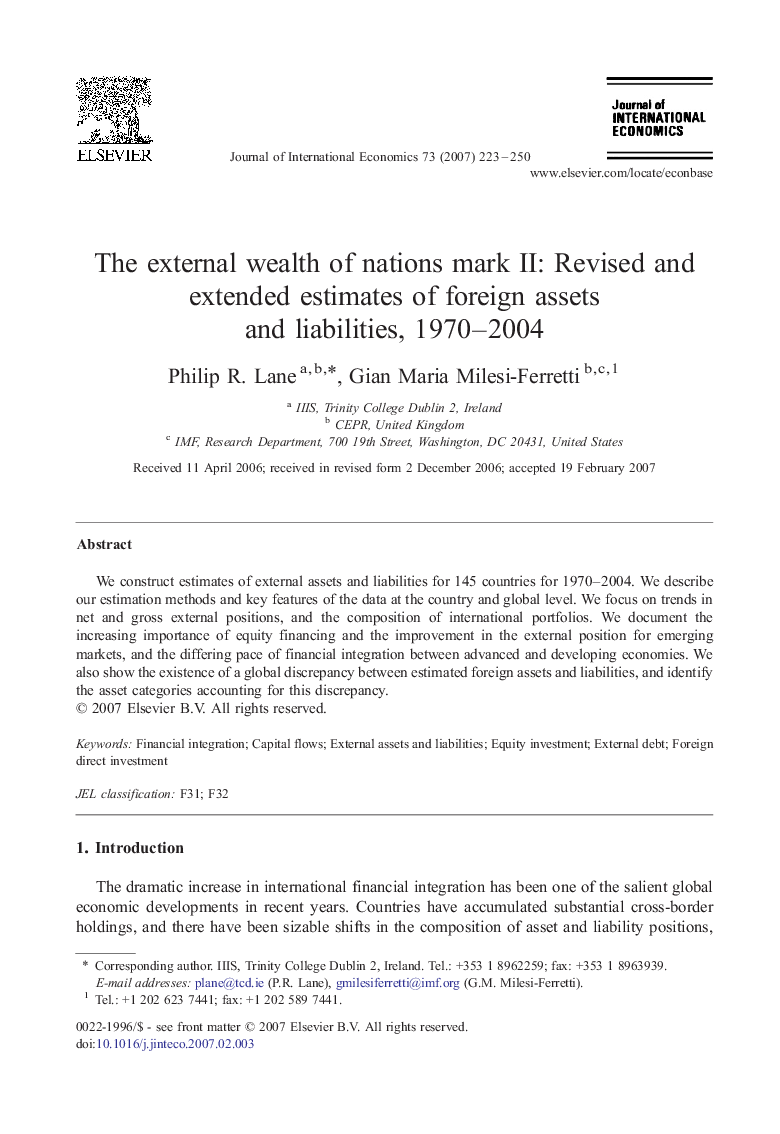 The external wealth of nations mark II: Revised and extended estimates of foreign assets and liabilities, 1970–2004