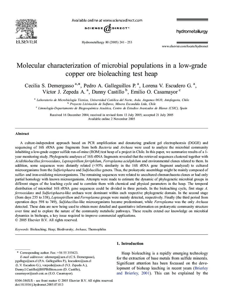 Molecular characterization of microbial populations in a low-grade copper ore bioleaching test heap