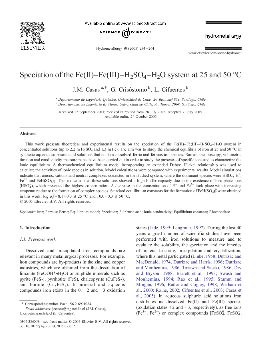 Speciation of the Fe(II)-Fe(III)-H2SO4-H2O system at 25 and 50 Â°C