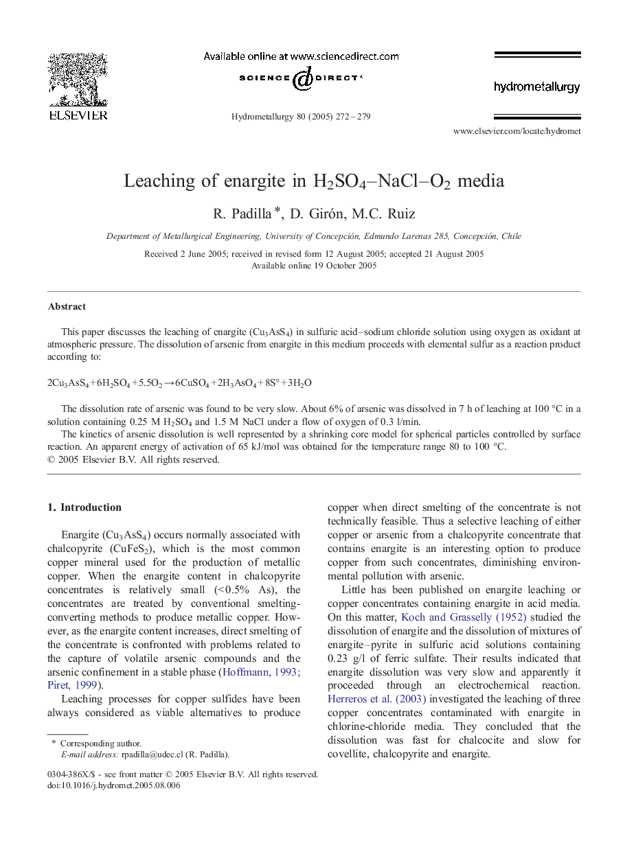 Leaching of enargite in H2SO4-NaCl-O2 media