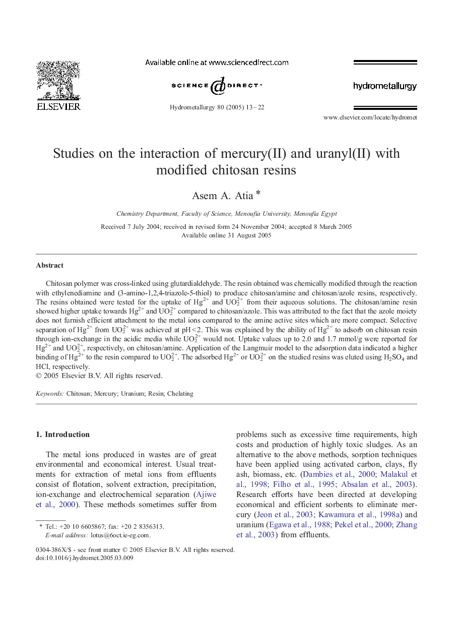 Studies on the interaction of mercury(II) and uranyl(II) with modified chitosan resins