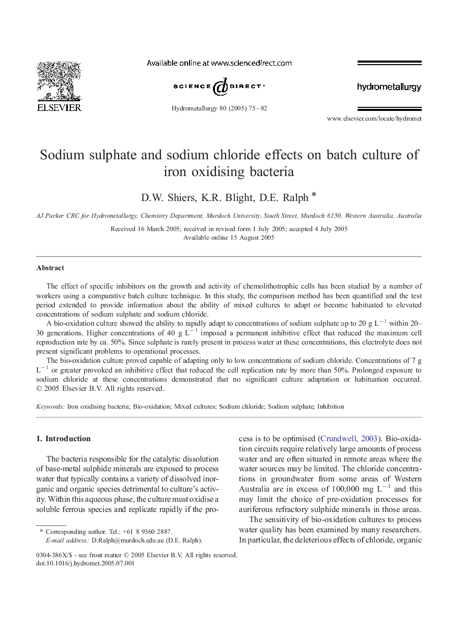 Sodium sulphate and sodium chloride effects on batch culture of iron oxidising bacteria