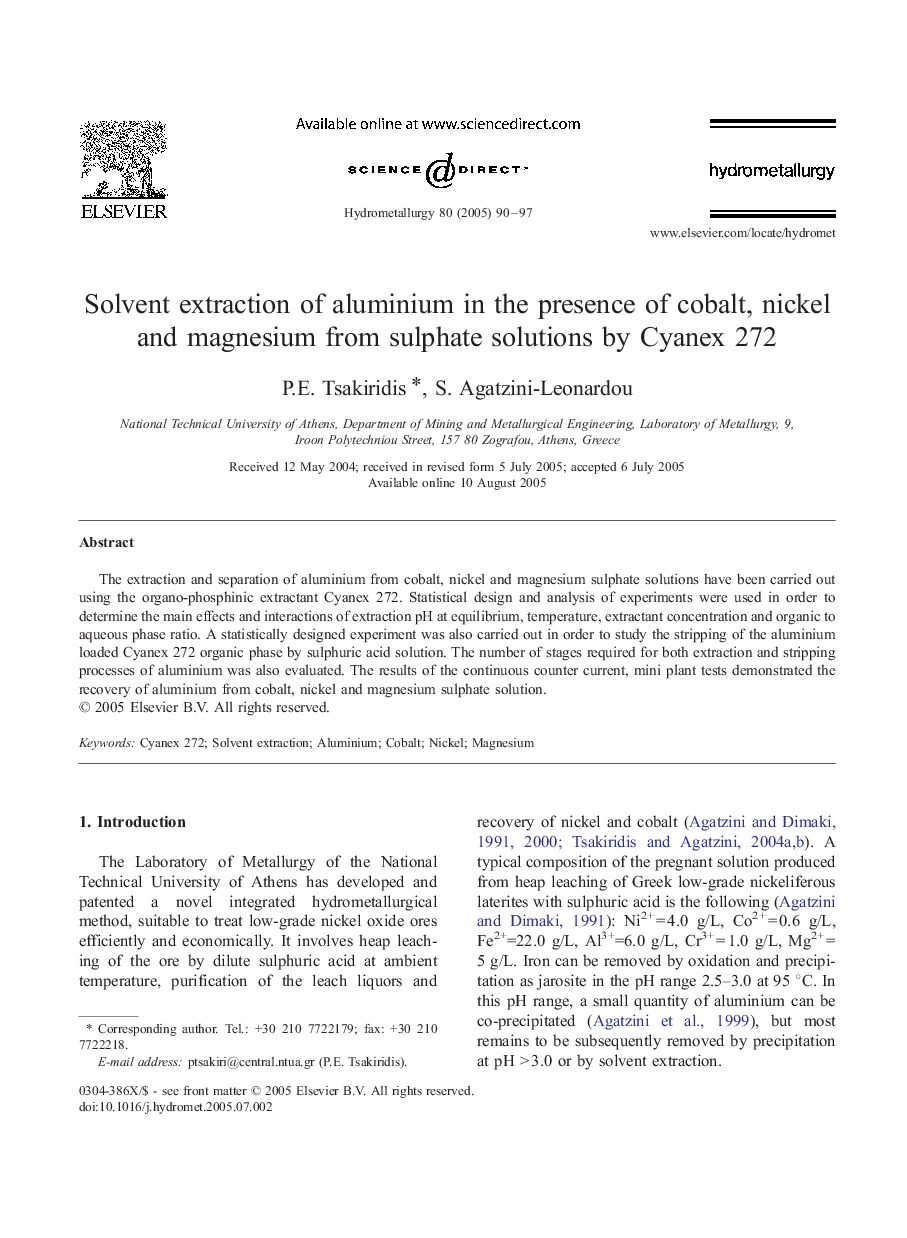 Solvent extraction of aluminium in the presence of cobalt, nickel and magnesium from sulphate solutions by Cyanex 272