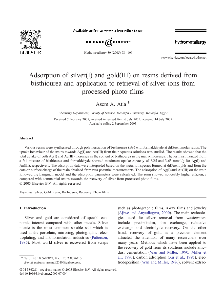 Adsorption of silver(I) and gold(III) on resins derived from bisthiourea and application to retrieval of silver ions from processed photo films