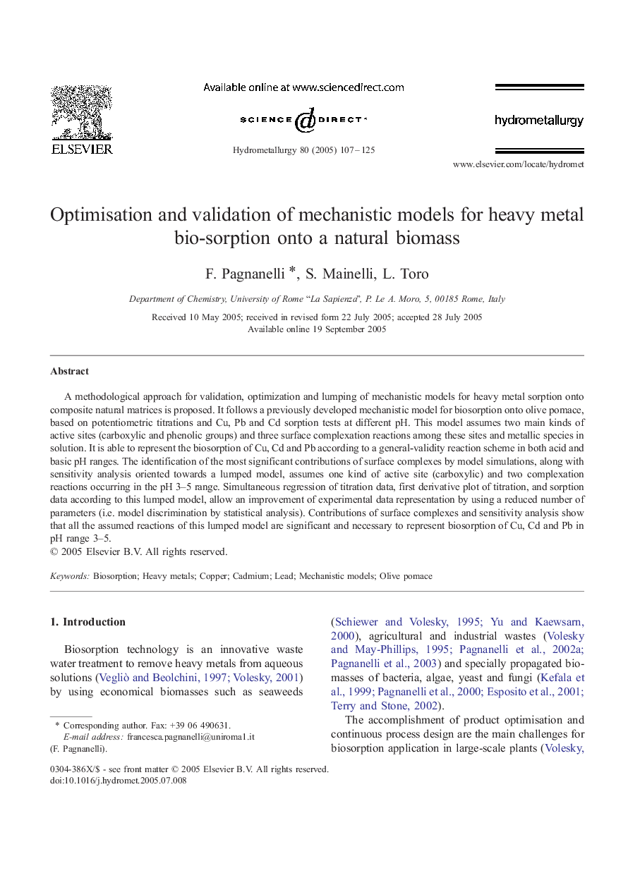 Optimisation and validation of mechanistic models for heavy metal bio-sorption onto a natural biomass