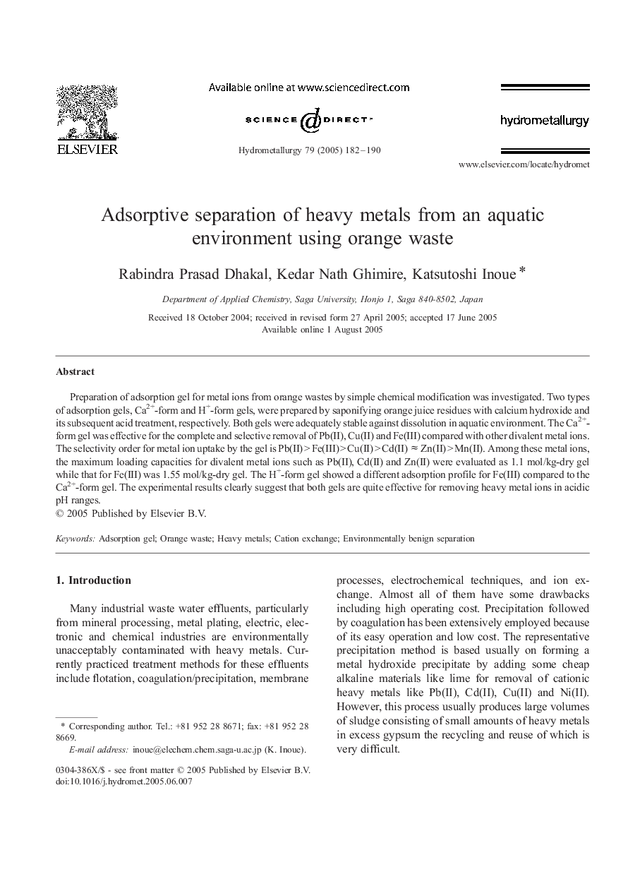 Adsorptive separation of heavy metals from an aquatic environment using orange waste