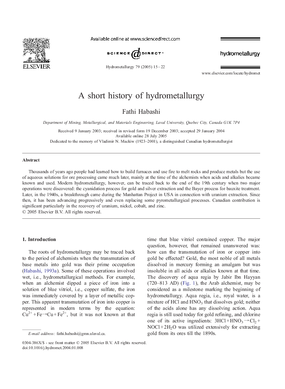 A short history of hydrometallurgy