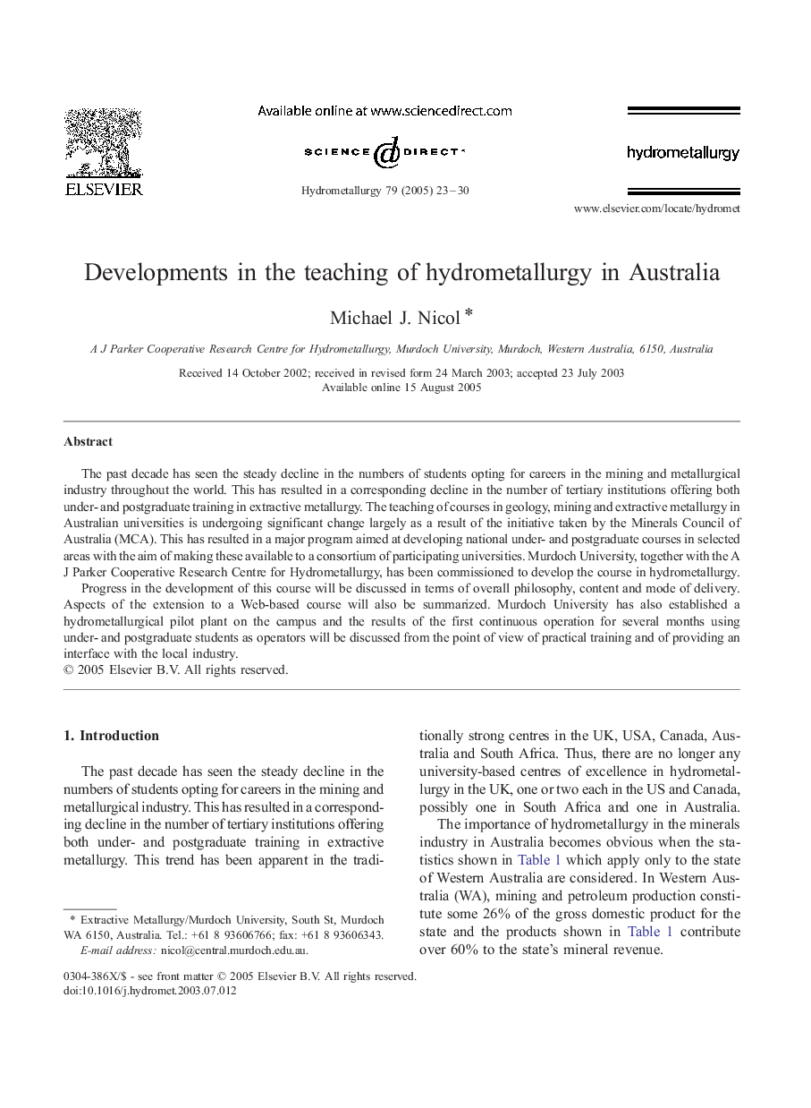 Developments in the teaching of hydrometallurgy in Australia