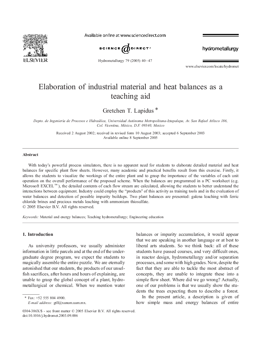 Elaboration of industrial material and heat balances as a teaching aid