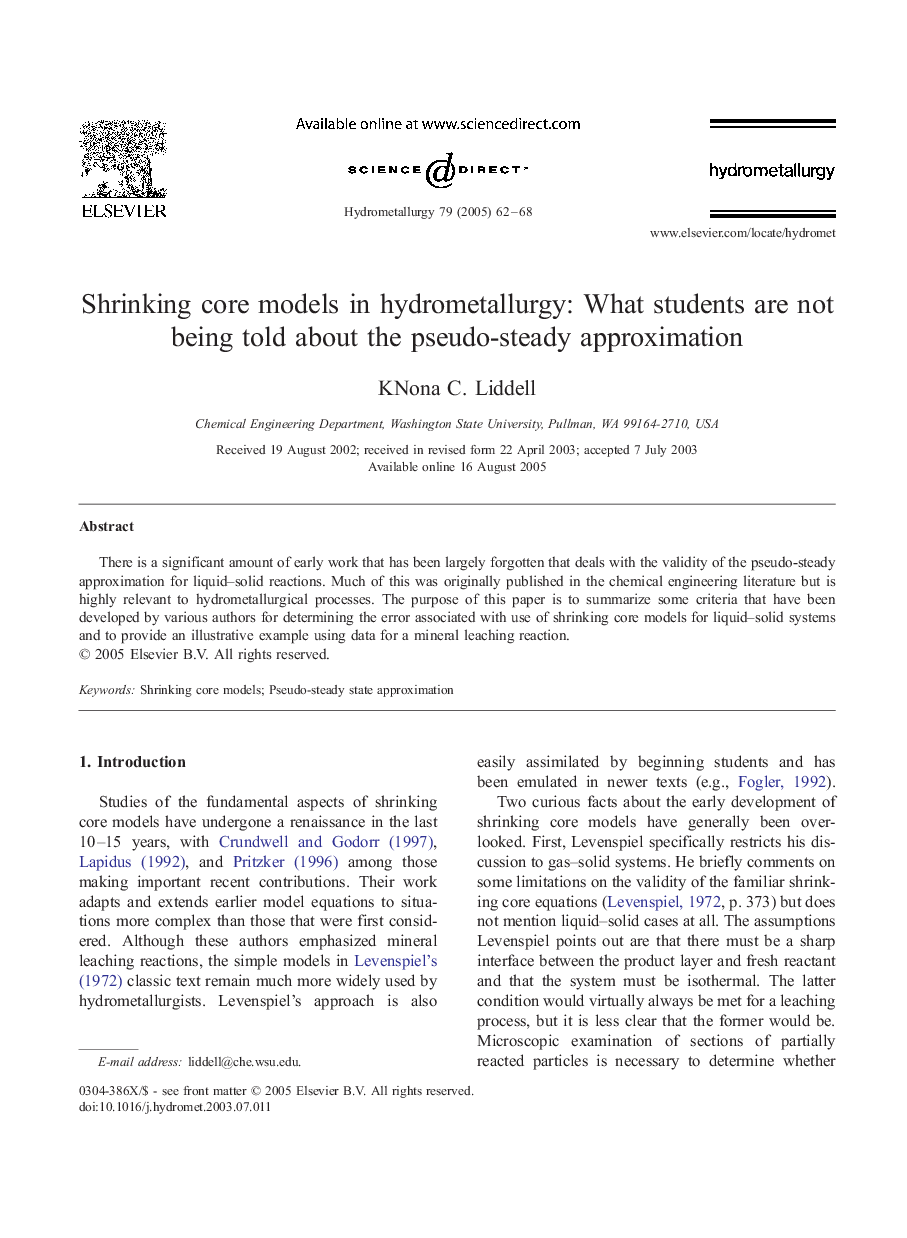 Shrinking core models in hydrometallurgy: What students are not being told about the pseudo-steady approximation