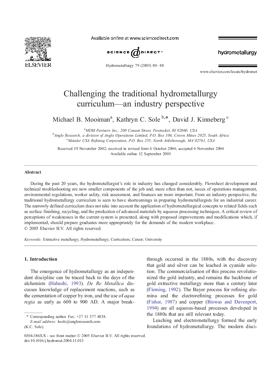 Challenging the traditional hydrometallurgy curriculum-an industry perspective