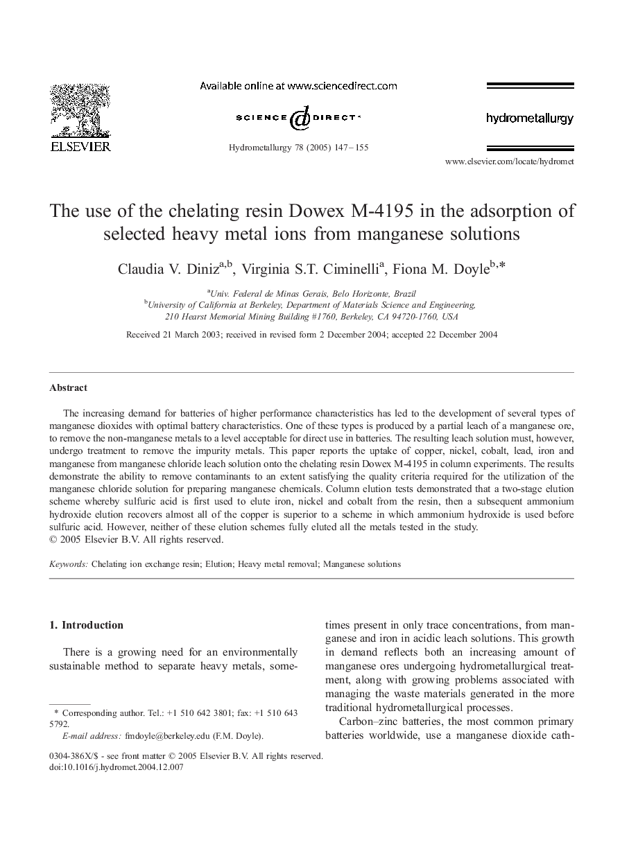 The use of the chelating resin Dowex M-4195 in the adsorption of selected heavy metal ions from manganese solutions