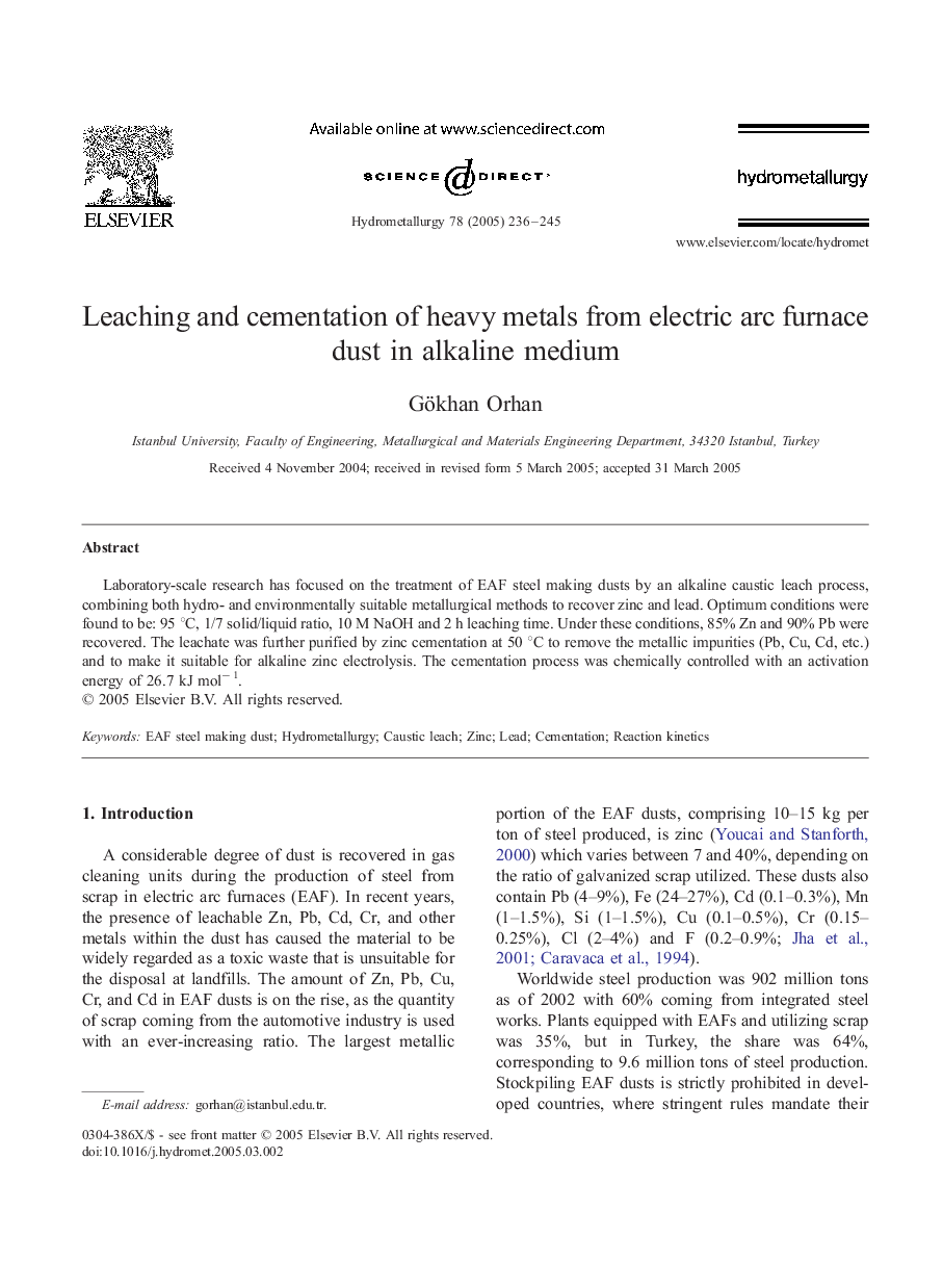 Leaching and cementation of heavy metals from electric arc furnace dust in alkaline medium