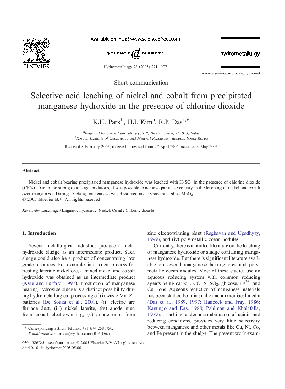 Selective acid leaching of nickel and cobalt from precipitated manganese hydroxide in the presence of chlorine dioxide