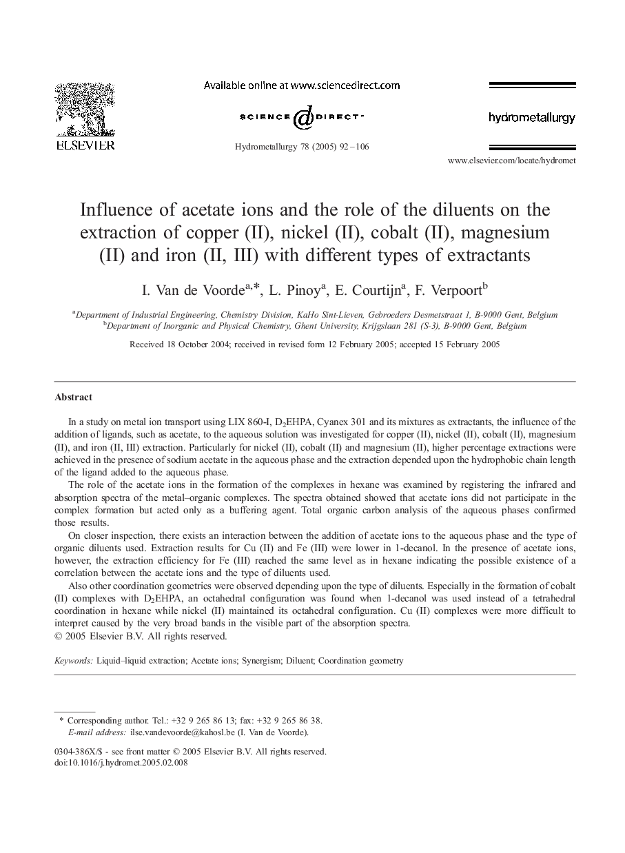 Influence of acetate ions and the role of the diluents on the extraction of copper (II), nickel (II), cobalt (II), magnesium (II) and iron (II, III) with different types of extractants