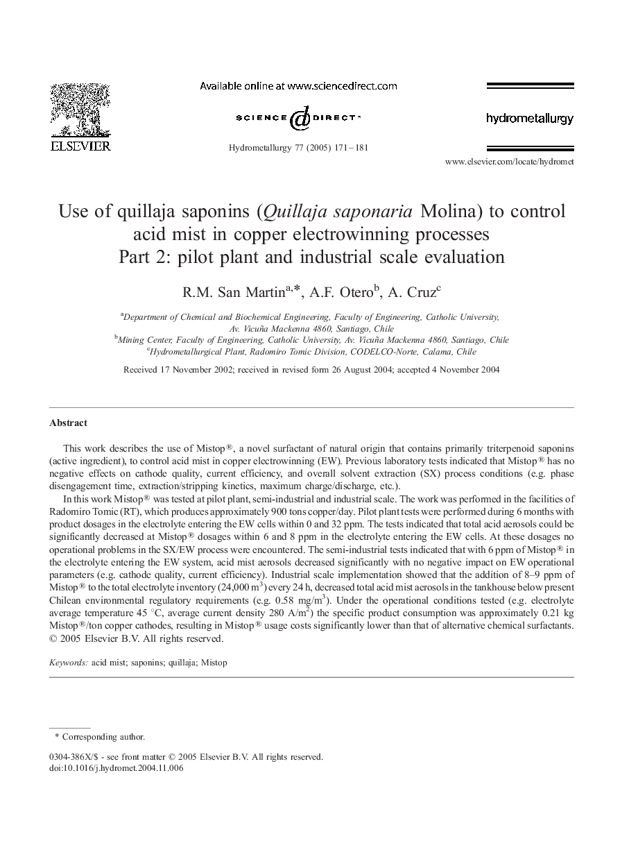 Use of quillaja saponins (Quillaja saponaria Molina) to control acid mist in copper electrowinning processes