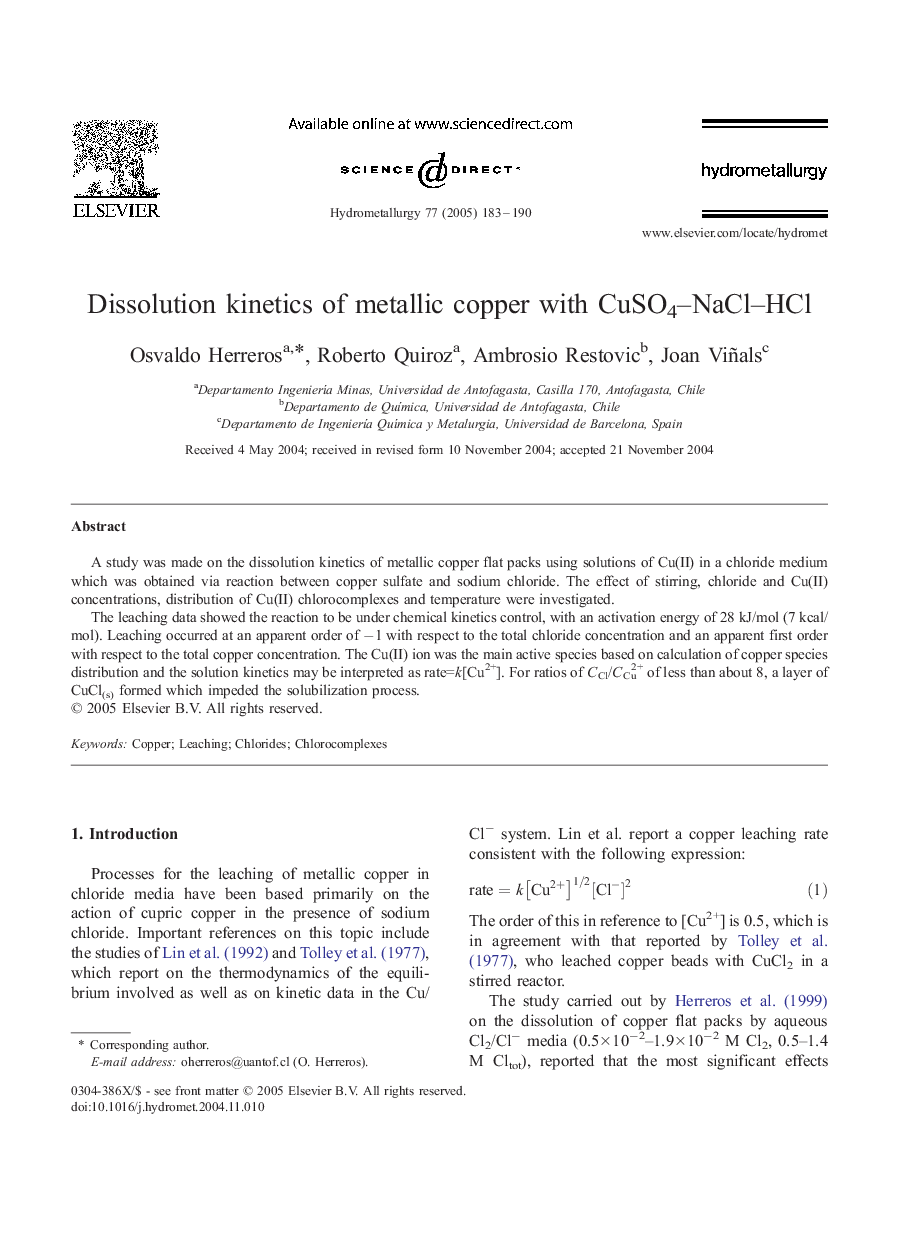 Dissolution kinetics of metallic copper with CuSO4-NaCl-HCl