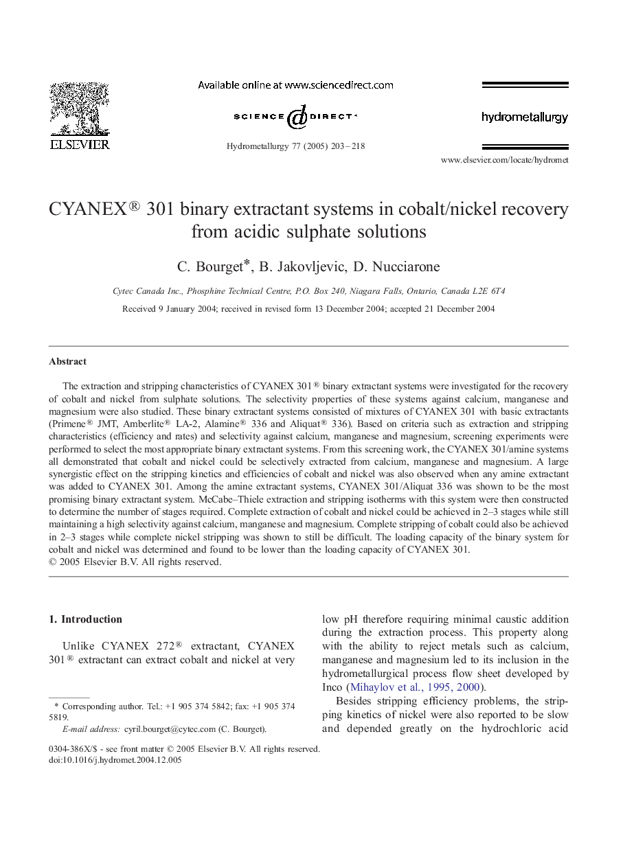 CYANEX® 301 binary extractant systems in cobalt/nickel recovery from acidic sulphate solutions