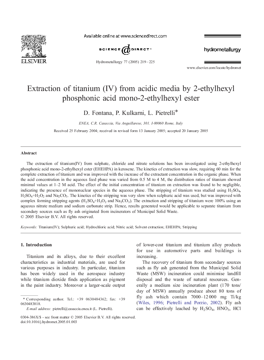 Extraction of titanium (IV) from acidic media by 2-ethylhexyl phosphonic acid mono-2-ethylhexyl ester