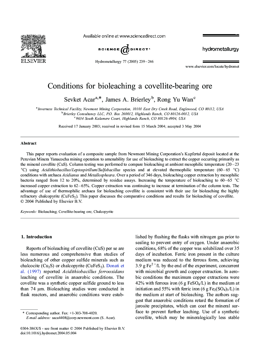 Conditions for bioleaching a covellite-bearing ore