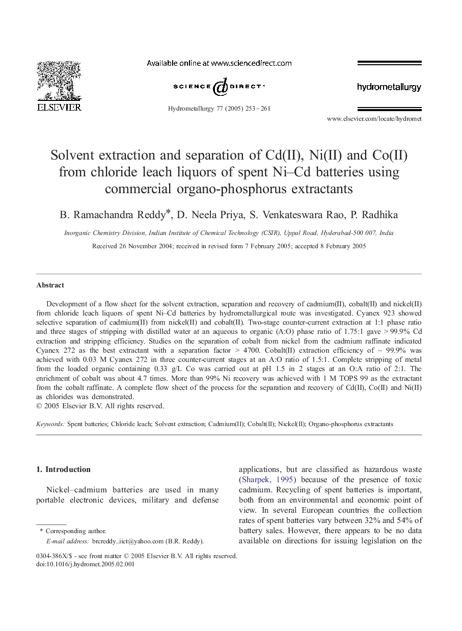 Solvent extraction and separation of Cd(II), Ni(II) and Co(II) from chloride leach liquors of spent Ni-Cd batteries using commercial organo-phosphorus extractants