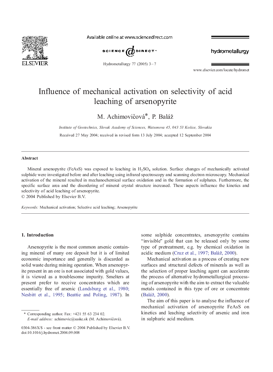 Influence of mechanical activation on selectivity of acid leaching of arsenopyrite