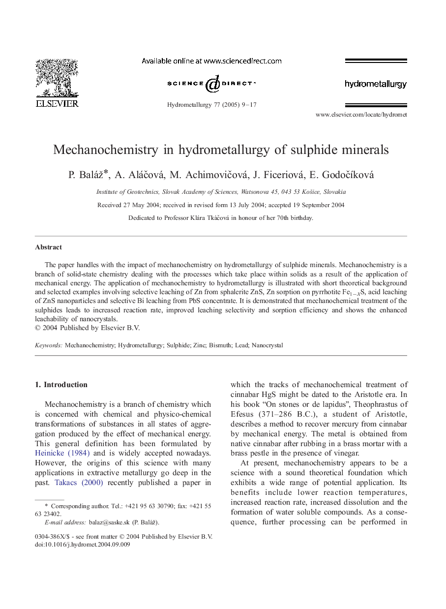 Mechanochemistry in hydrometallurgy of sulphide minerals