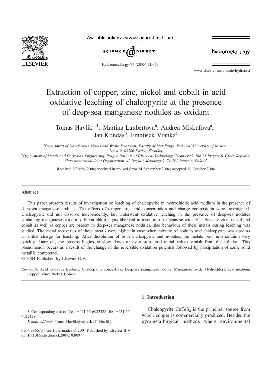 Extraction of copper, zinc, nickel and cobalt in acid oxidative leaching of chalcopyrite at the presence of deep-sea manganese nodules as oxidant