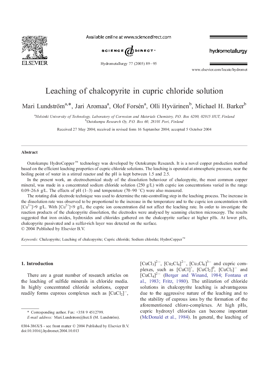 Leaching of chalcopyrite in cupric chloride solution