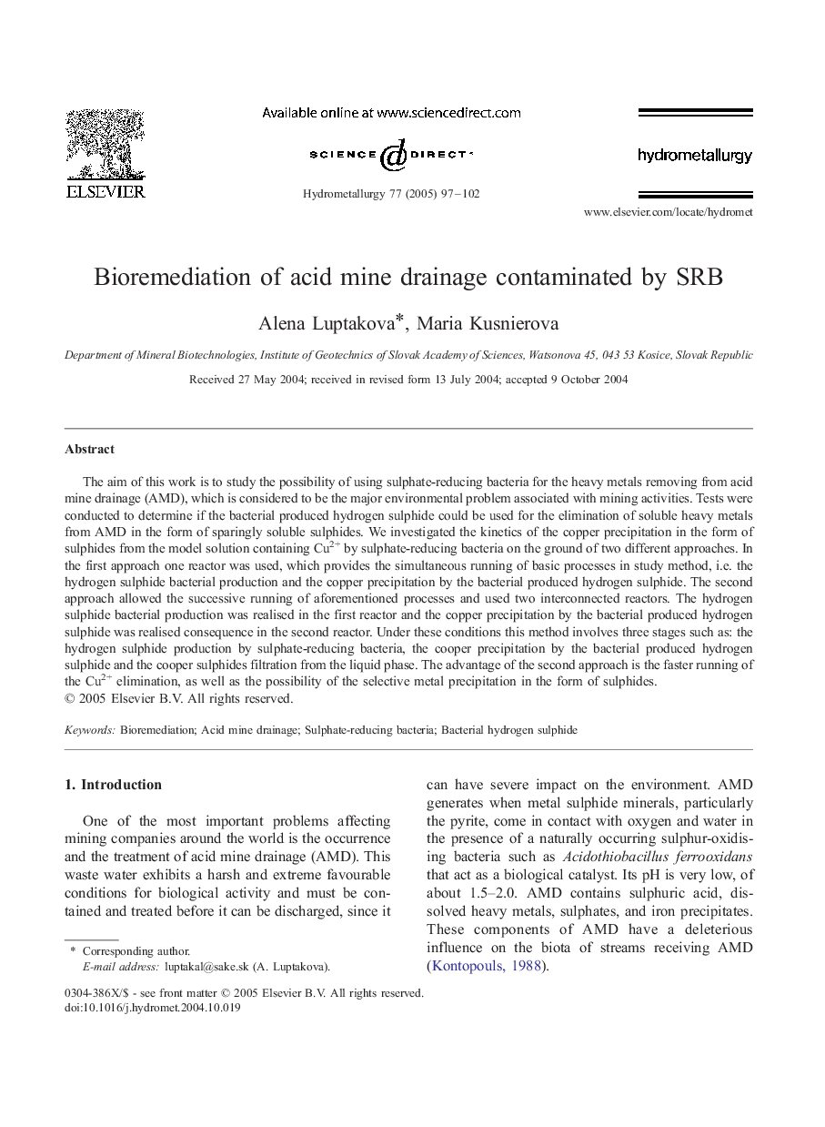 Bioremediation of acid mine drainage contaminated by SRB