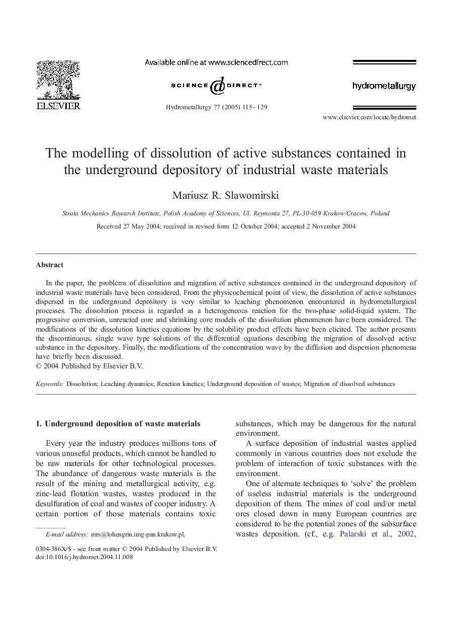 The modelling of dissolution of active substances contained in the underground depository of industrial waste materials