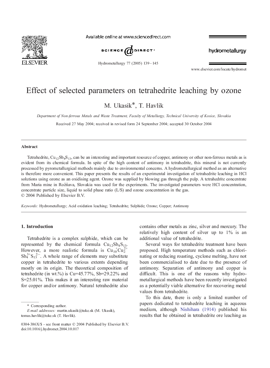 Effect of selected parameters on tetrahedrite leaching by ozone