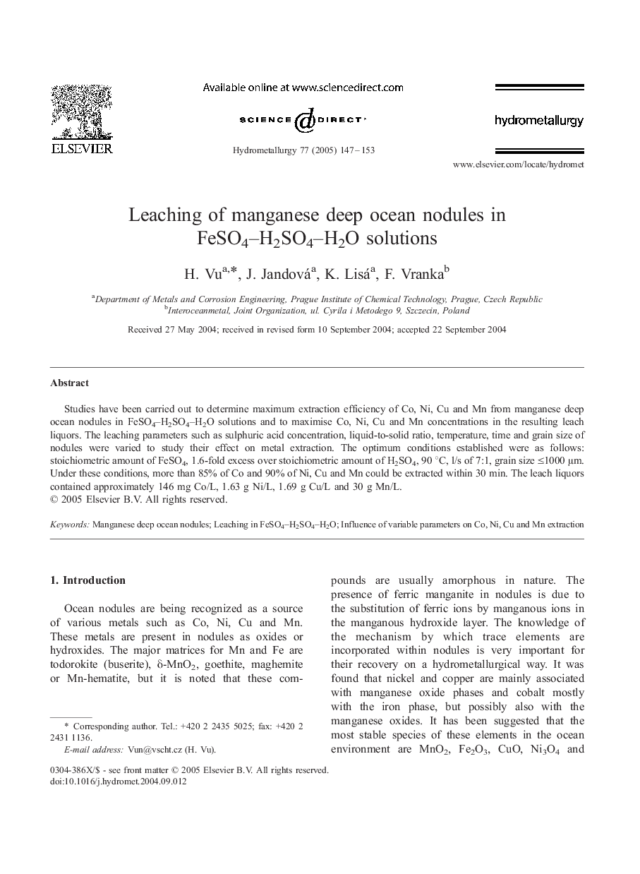 Leaching of manganese deep ocean nodules in FeSO4-H2SO4-H2O solutions