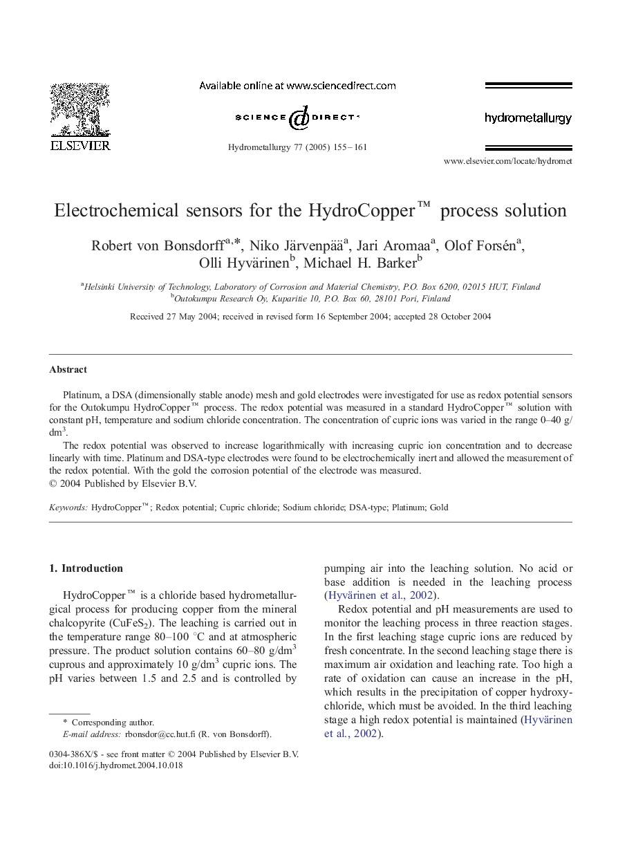 Electrochemical sensors for the HydroCopperâ¢ process solution