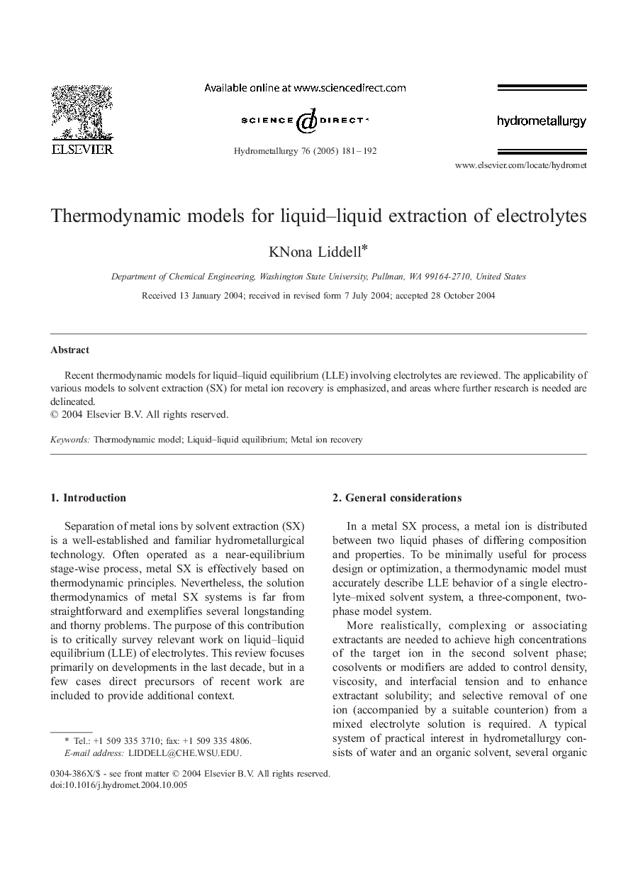 Thermodynamic models for liquid-liquid extraction of electrolytes