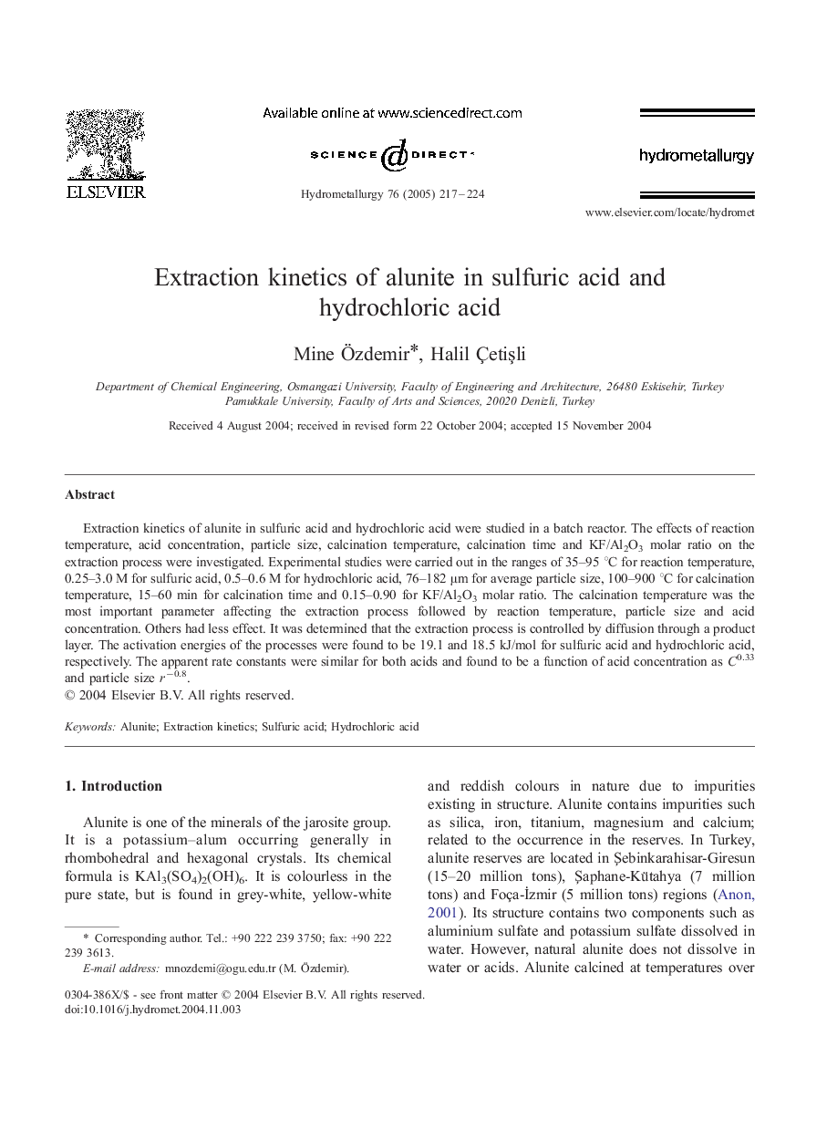 Extraction kinetics of alunite in sulfuric acid and hydrochloric acid