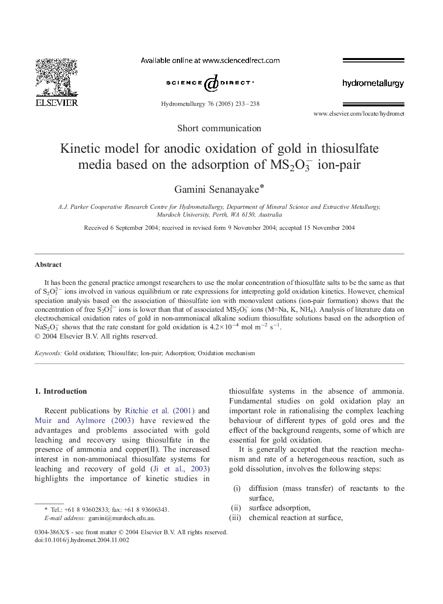 Kinetic model for anodic oxidation of gold in thiosulfate media based on the adsorption of MS2O3â ion-pair