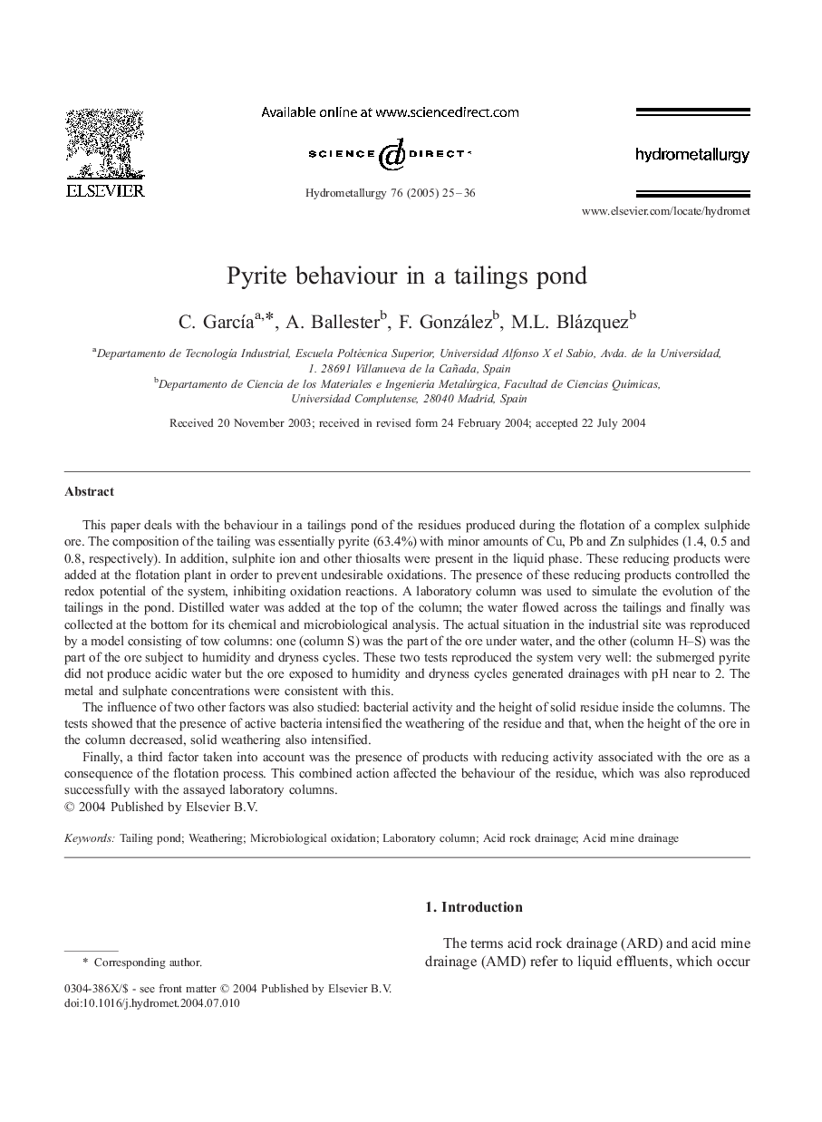 Pyrite behaviour in a tailings pond