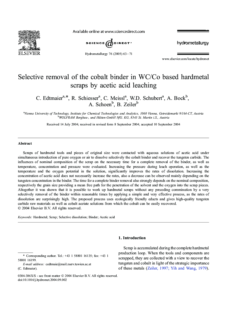 Selective removal of the cobalt binder in WC/Co based hardmetal scraps by acetic acid leaching