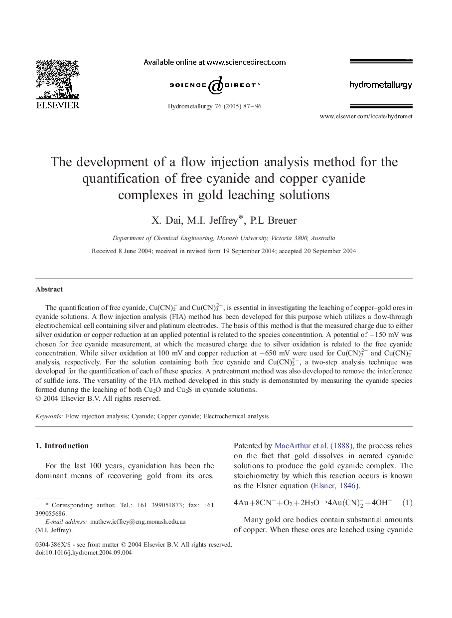 The development of a flow injection analysis method for the quantification of free cyanide and copper cyanide complexes in gold leaching solutions