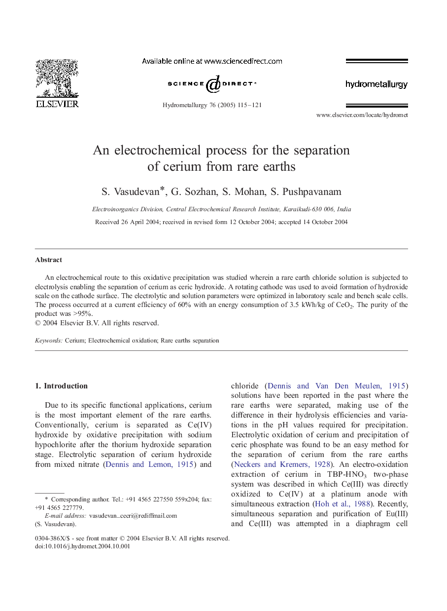 An electrochemical process for the separation of cerium from rare earths