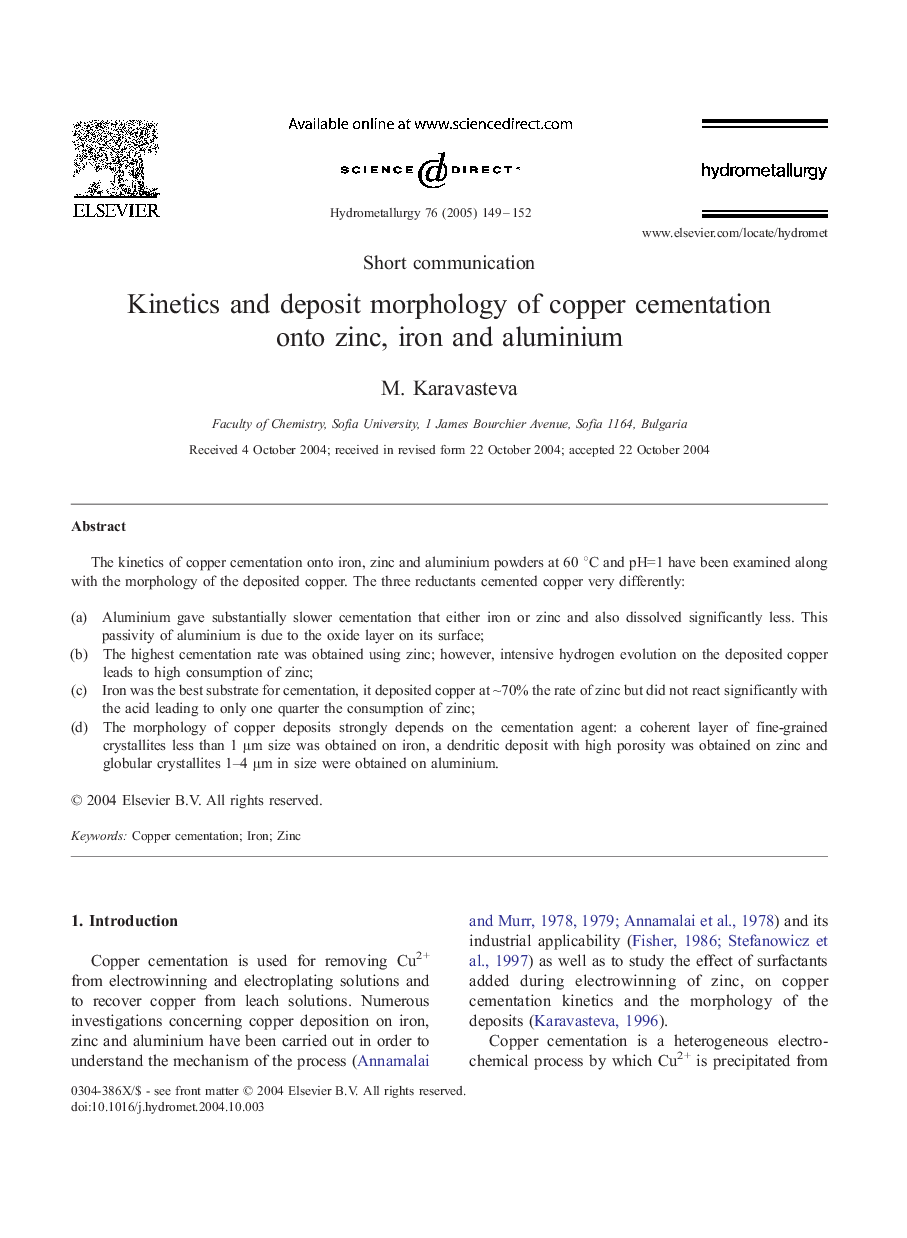 Kinetics and deposit morphology of copper cementation onto zinc, iron and aluminium