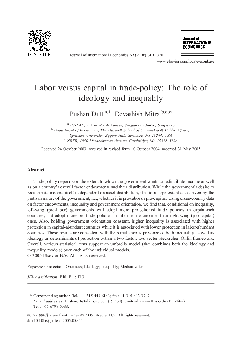 Labor versus capital in trade-policy: The role of ideology and inequality