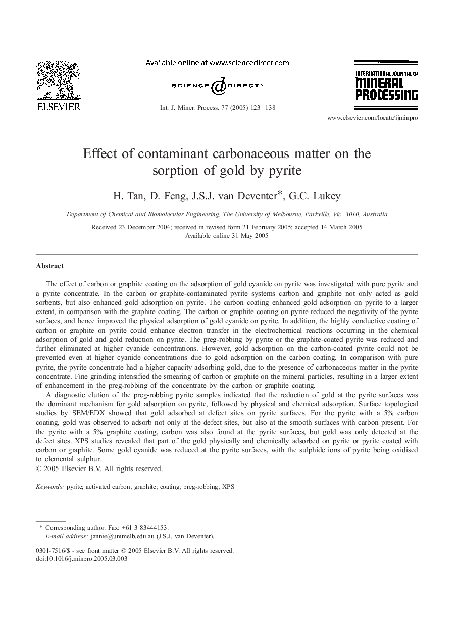 Effect of contaminant carbonaceous matter on the sorption of gold by pyrite