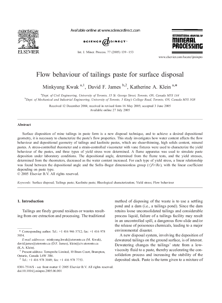 Flow behaviour of tailings paste for surface disposal