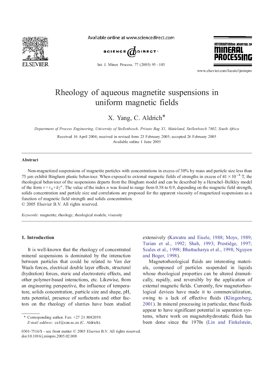 Rheology of aqueous magnetite suspensions in uniform magnetic fields