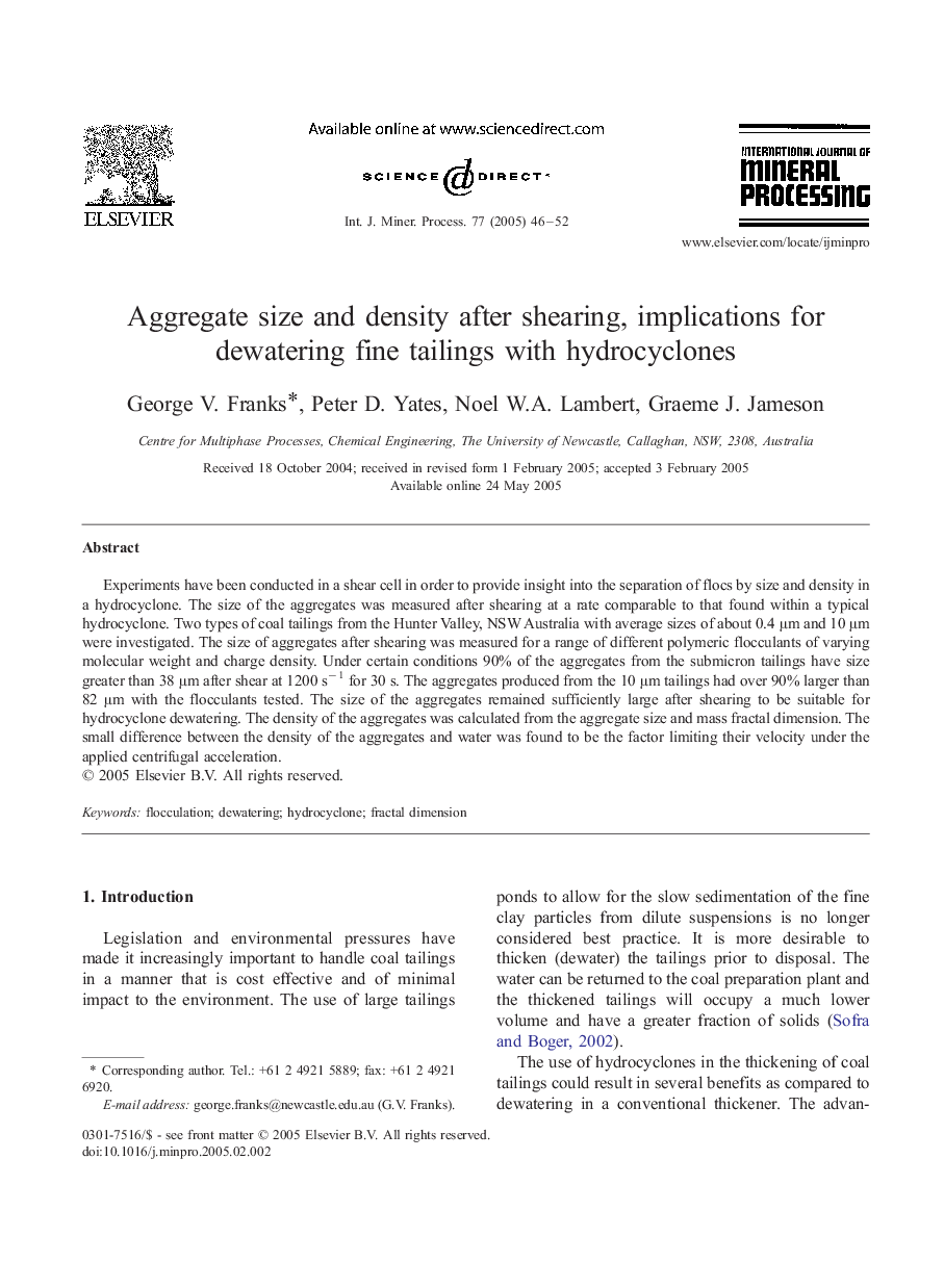 Aggregate size and density after shearing, implications for dewatering fine tailings with hydrocyclones