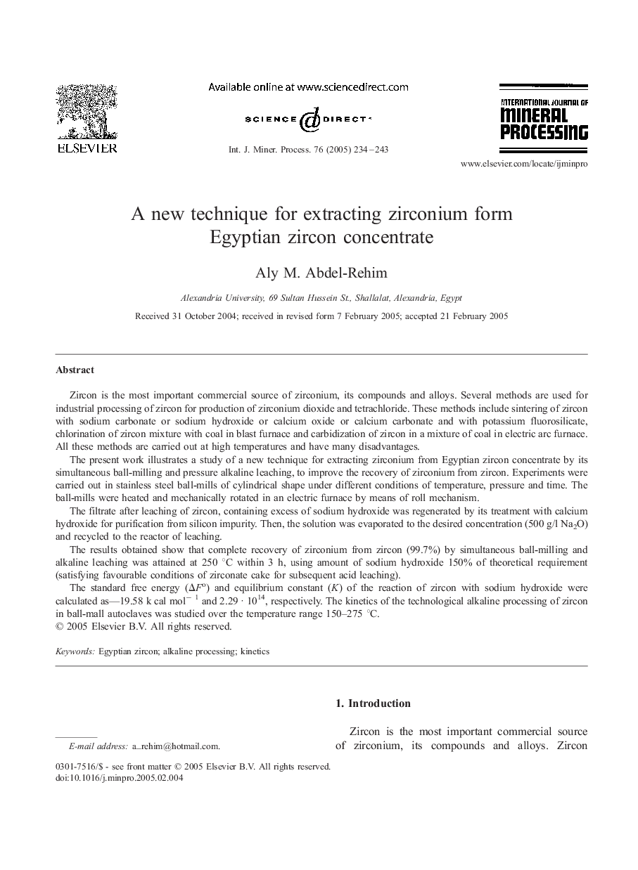 A new technique for extracting zirconium form Egyptian zircon concentrate